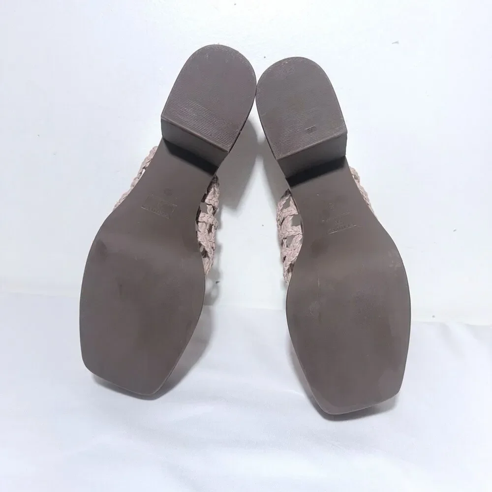 SCHUTZ Rose-Nude Platform Sandals Woven Leather High Block Heel Size 8